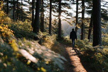 Wall Mural - Young caucasian male walking on forest path at sunset surrounded by trees