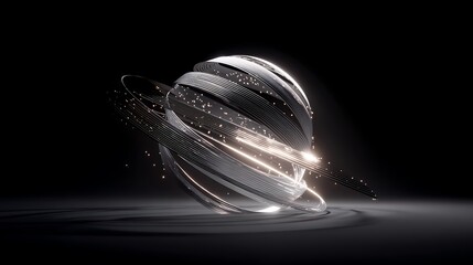 Canvas Print - abstract black background with a glowing sphere and swirling rings creating a futuristic and dynamic