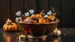 © YANG - A vintage candy bowl filled with treats and caramel apples, warm candlelight reflecting, nostalgic Halloween atmosphere.