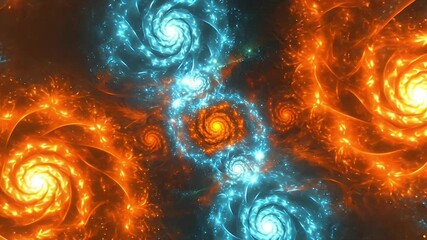 Wall Mural - Abstract artwork with swirling patterns in vibrant blue and orange hues against a dark background. Spirals and galaxies