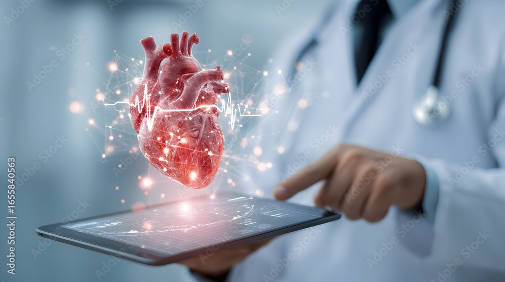 Doctor using tablet with holographic heart and ekg display for medical ...
