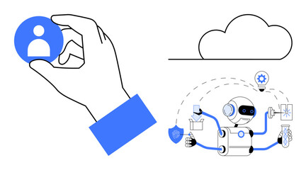 Wall Mural - hand holding user profile icon, multifunctional robot with tools and cloud element. ideal for ai, au