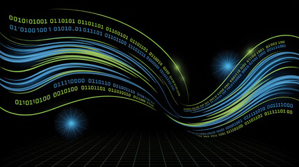 Digital data streams with glowing lines and binary code