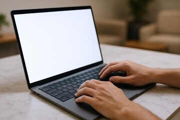 person typing on laptop with blank screen display for mockup and digital workspace