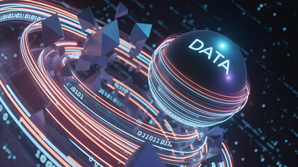 Digital data streams with glowing lines and binary code