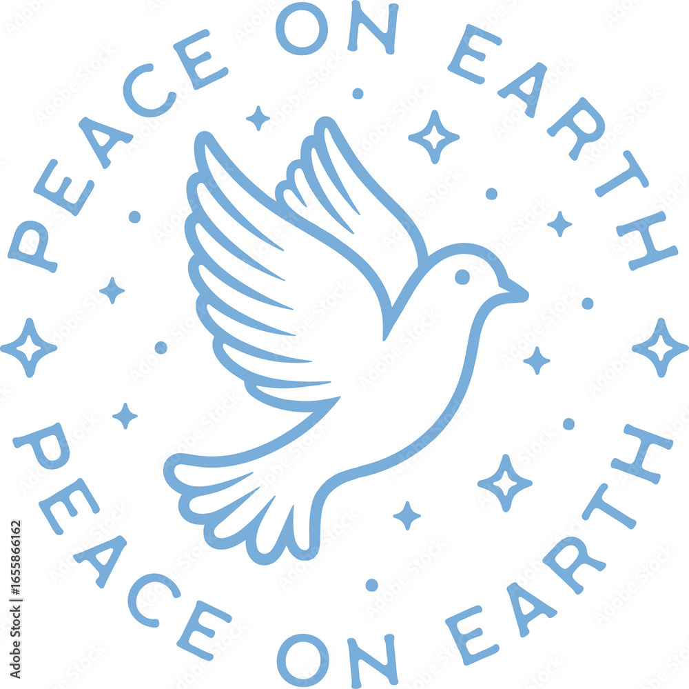 Peace on earth christian quotes Christmas dove round sign circular sticker  badge logo girl tee shirt design. Cute retro blue aesthetic New year wishes  peaceful drawing clipart transparent background. Stock Illustration |, image size:1000x999