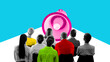 © Lustre Art Group  - Creative collage with group of people facing pink megaphone symbolizing public speech and corporate announcement. Concept of TED-style education, leadership talks, and motivational presentations.