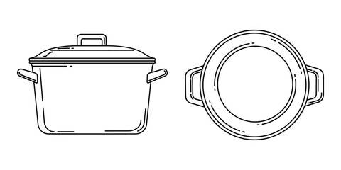 Kitchenware Pot Illustration: Two angles of a cooking pot with handles and lid.