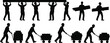 © Ideasy Mind - Worker silhouettes lifting beam together, individual carrying beams, and pushing loaded carts, teamwork logistics manual labor vector illustration set industrial