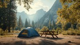 Camping tent and picnic table enjoying yosemite valley view