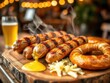 © Sergey - Grilled sausages served with pretzel and mustard on a wooden board. A glass of beer is in the background. Warm, festive atmosphere typical of Oktoberfest.