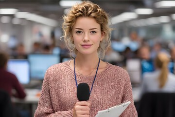 journalist confidently standing in bustling vibrant newsroom holding microphone notepad computers and colleagues visible