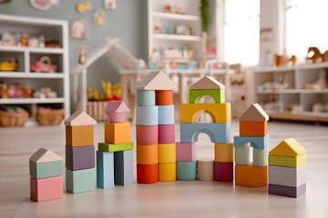 stacking colorful wooden blocks sparks joyful creativity in a bright playful room.
