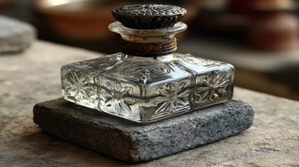 Ornate glass inkwell sits on square stone base