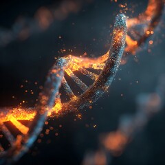 Wall Mural - Detailed illustration of a glowing DNA molecule's twisted structure with vibrant orange and blue hues.