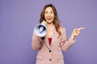 © ViDi Studio - Young woman she wear beige jacket formal clothes hold in hand megaphone scream announces discounts sale Hurry up point finger aside isolated on plain pastel light purple background. Lifestyle concept.