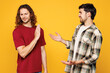 © ViDi Studio - Young sad offended two friends buddies men they wear casual clothes together talk speak do stop palm gesture ignore isolated on plain yellow orange color background studio portrait. Lifestyle concept.