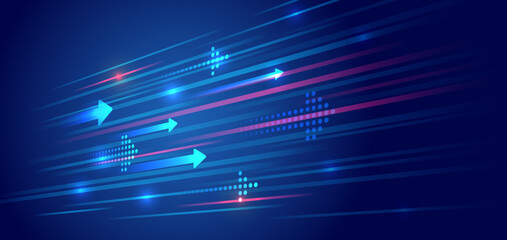 Wall Mural - Futuristic background with horizontal arrows and digital elements symbolizing growth, development and technology. Ideal for business presentations, banners and IT design.