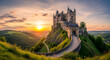 © Rumah - Majestic medieval castle perched atop a verdant hill, bathed in the radiant glow of a captivating sunset, showcasing architectural splendor and scenic beauty in a timeless landscape