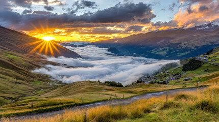 Wall Mural - mountain landscape during sunrise with golden light touching the peaks and morning mist