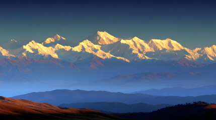 Wall Mural - mountain landscape during sunrise with golden light touching the peaks and morning mist