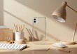 © UrFreepik360 - A clear phone case is displayed on a modern desk with a keyboard, mouse, and lamp in a minimalist office setting