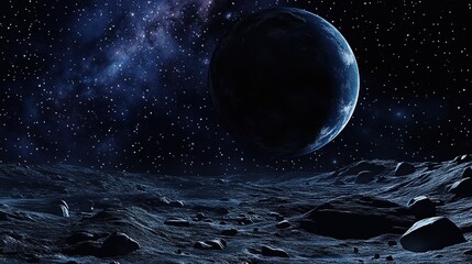 A large, dark planet dominates the night sky, surrounded by a vast expanse of stars and a swirling galaxy, set against a rugged, rocky lunar landscape.