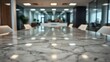 © Lucy - Polished marble tabletop reflecting abstract shapes with a blurred office environment in the background.