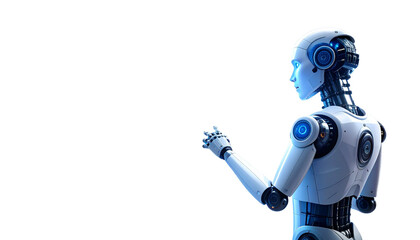 Futuristic AI humanoid robot interacting with holographic interface, in a sleek modern lab setting, blue lighting isolated on solid white background Png
