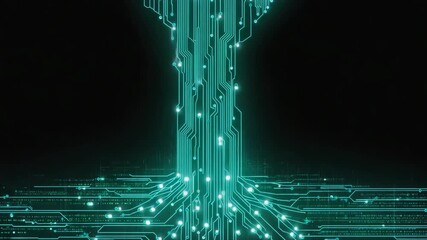 Wall Mural - complex network of circuits and nodes glowing on dark background, representing digital communication