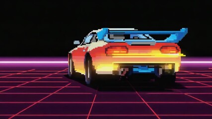 Wall Mural - pixel art illustration of a futuristic sports car driving on a neon grid at night, evoking the aesth