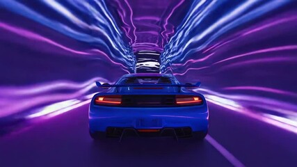 Wall Mural - blue sports car racing through a futuristic neon-lit tunnel, generating an exhilarating scene filled