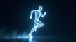 © OKA - Running human figure formed by glowing dots, abstract motion on dark futuristic background, for concepts related to AI, technology, human potential, and conceptual editorial use