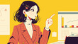 © 963k - スーツを着た女性が社内のスクリーンを前に熱心にプレゼンを行っているシーンを描いたアニメーションイラスト。オフィスワーク、キャリア、仕事、社会人、女性社員、会議資料に使える抽象的な汎用背景素材。