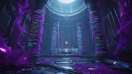 Wall Mural - purple vines are growing on servers inside a futuristic server room in a domed building, creating a 