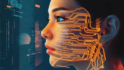 Woman programmer analyzing code on digital display with futuristic glowing orange circuitry projected on her face, symbolizing the fusion of humans and technology in software development