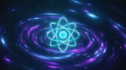 Wall Mural - atom model rotating and glowing in a spiral motion with blue and purple light trails, representing s