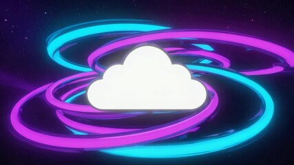Wall Mural - white cloud computing symbol is at the center of swirling glowing neon circles against a dark starry