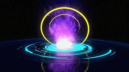 Wall Mural - purple and yellow glowing plasma ball is emerging from a blue and black portal, creating a mesmerizi