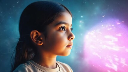 Wall Mural - curious young girl is captivated by a vibrant stream of digital data emerging from the depths of cyb