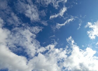 Wall Mural - The clouds in the photo are often called Cumulus or cluster clouds. These clouds, which appear as particularly distinct white masses, indicate a partly cloudy weather formation in 