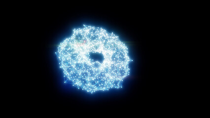 Wall Mural - floating blue digital torus made of connected points and lines, emitting a glowing aura in a black v