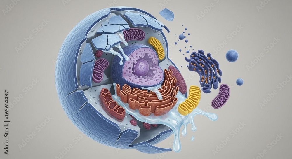 Scientific illustration of animal cell anatomy showing a detailed cross ...