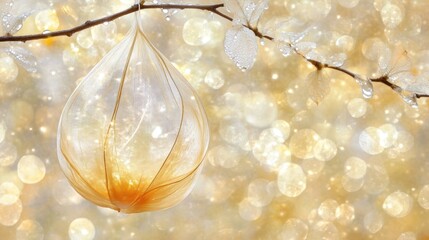 Delicate, pale gold seed pod hangs from branch,  soft bokeh