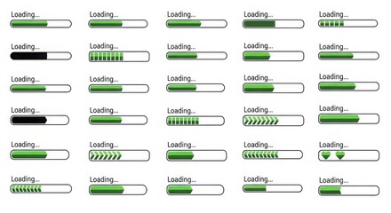 Collection of loading bars with varying progress levels and design elements on a white background