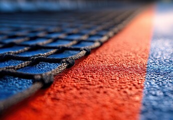 Close-up of a sports net on a textured court surface with vibrant colors