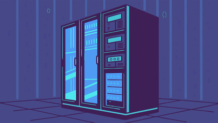 Modern Server Rack with Illuminated Interior and Control Panels.