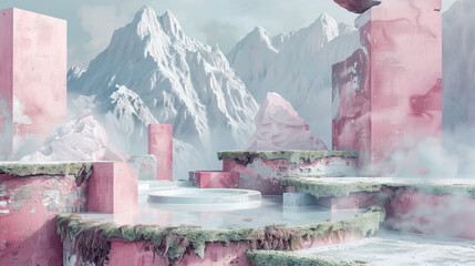 Contemporary pastel-themed portrait background using simple color blocks, natural moss decor, snowy peaks, and an artistic fountain, highlighted by soft textures and diffused lighting
