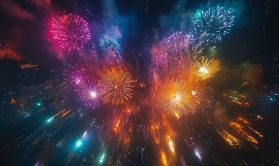 Aerial drone photograph capturing a breathtaking top view of vibrant fireworks exploding in a night sky, showcasing a spectacular array of colors. This visual represents celebration, Generative AI