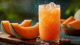 Refreshing commercial-style photo of a tall, cold glass of iced cantaloupe juice with condensation, beside fresh melon slices on a wood table.